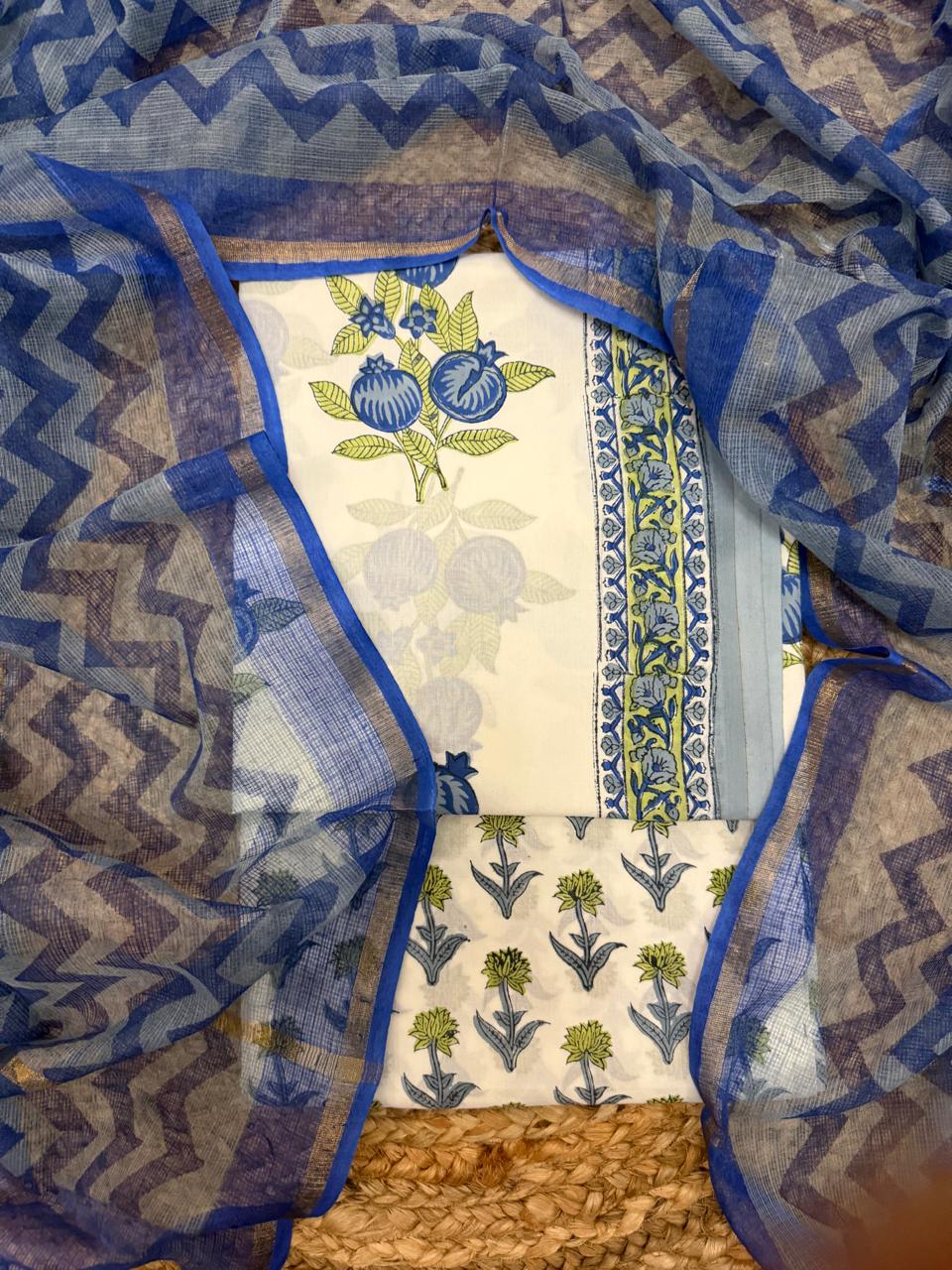Pomegranate Block Print Cotton Unstitched Suit Set – White & Blue Indian Handloom Fabric Detail