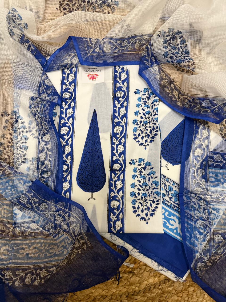 White & Blue Placement Block Print Cotton Kameez Flat Lay – Single Cypress Motif with Kota Doria Dupatta Draped Around