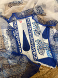 White & Blue Placement Block Print Cotton Kameez Flat Lay – Blue Cypress & Floral Motifs with Kota Doria Dupatta