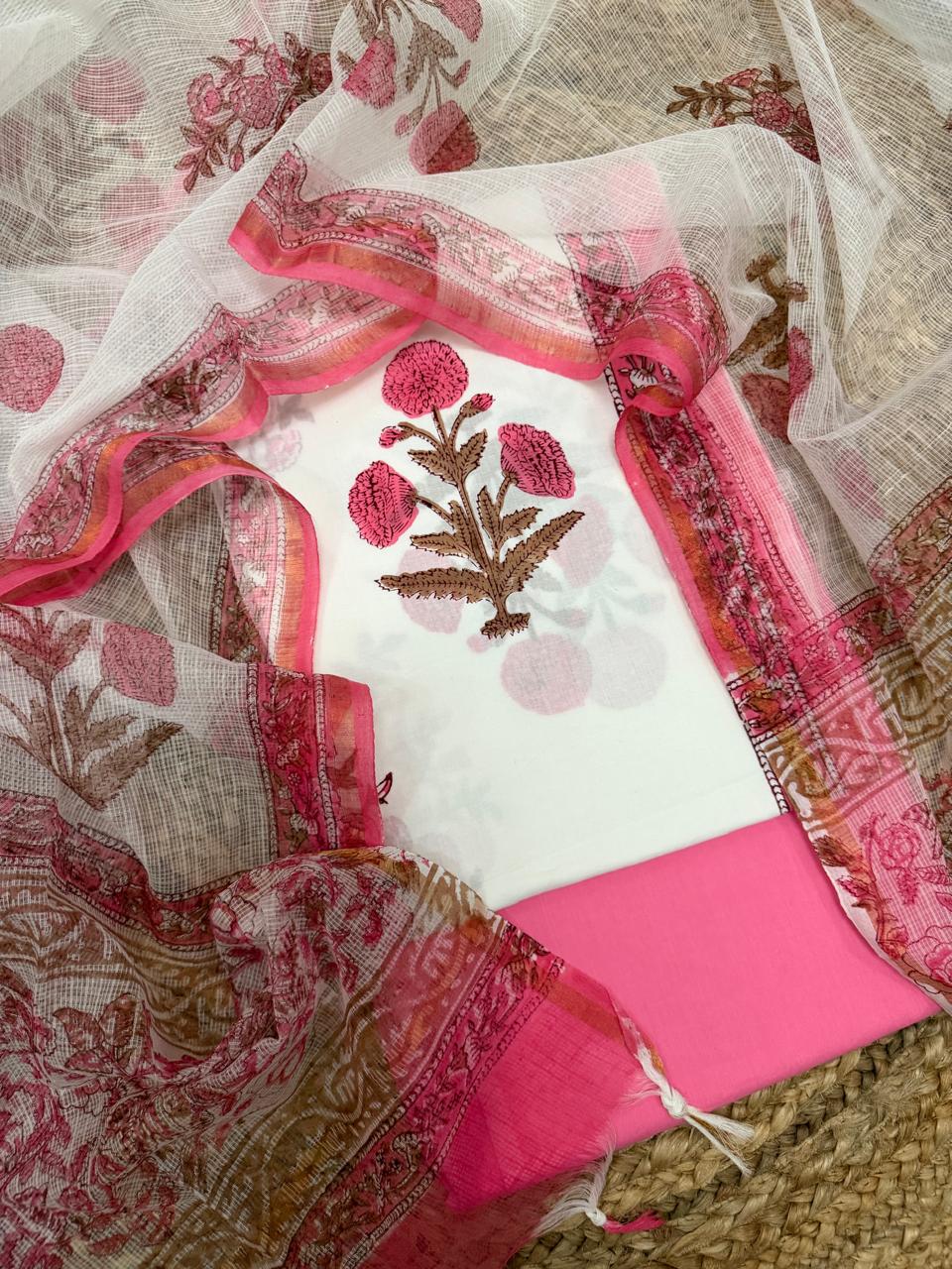 Mughal Block Print Cotton 3 - PC Unstitched Suit Set | Pink & White | Kota Doria Dupatta