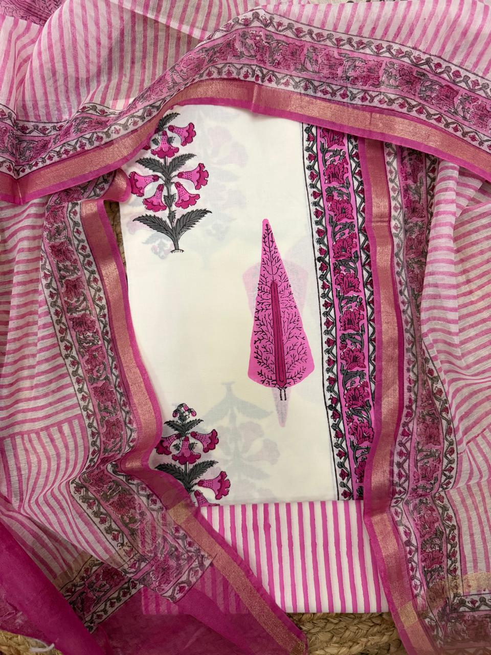 Cream & Pink Floral Block Print Cotton Kameez Flat Lay – Pink Cypress & Floral Motifs with Stripe Bottom & Chanderi Dupatta