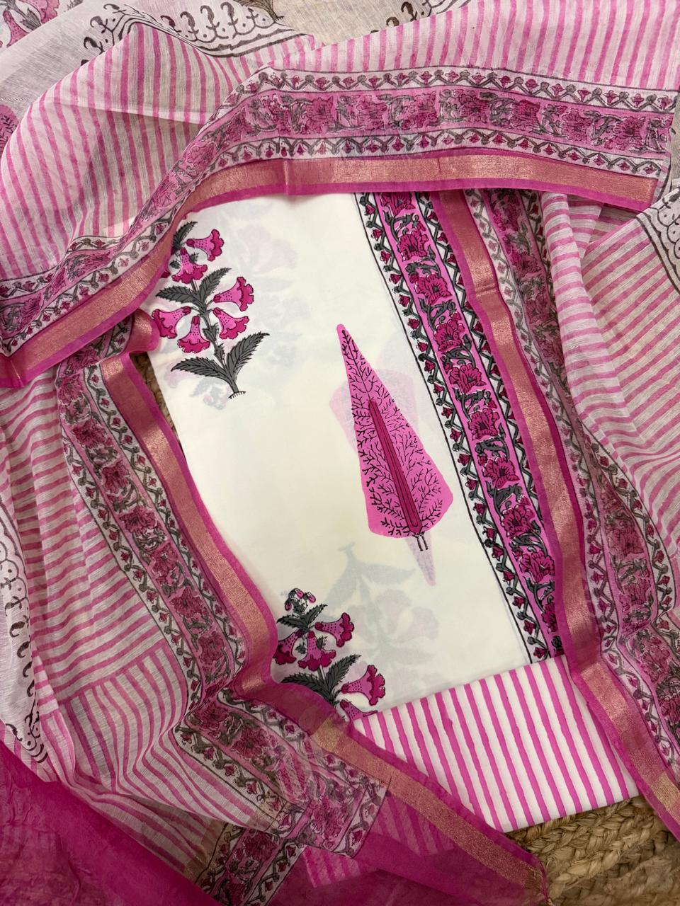 Cream Cotton Kameez Flat Lay – Pink Floral Block Print with Cypress Motif, Stripe Bottom & Chanderi Silk Dupatta