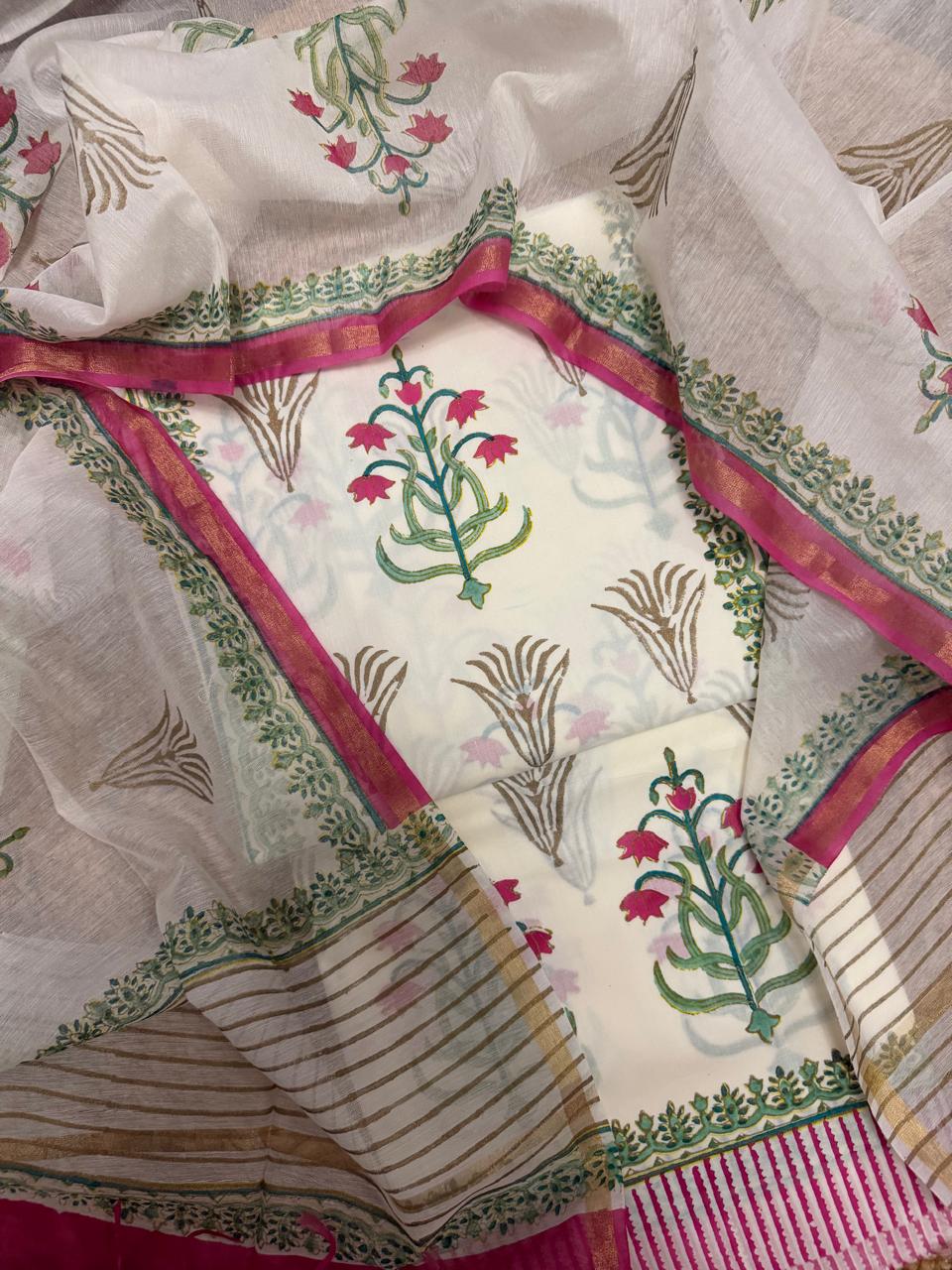 Cream Cotton Kameez Flat Lay – Pink Floral Placement Block Print with Green Leaf Motif, Pink Zari Border & Chanderi Silk Dupatta