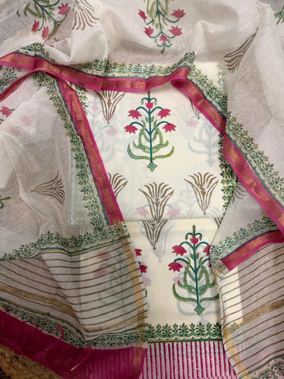 Cream Cotton 3-Piece Suit Set Flat Lay – Pink Floral Placement Block Print Kameez & printed tulip Bottom and Pink Zari Chanderi Silk Dupatta