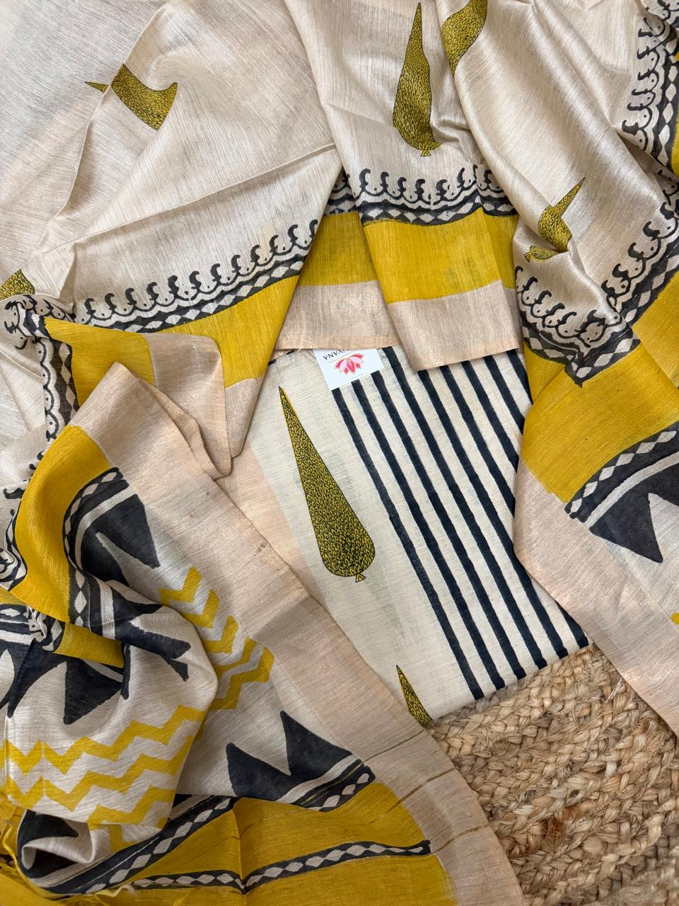 Beige Black & Yellow Block Print Munga Silk 2-Piece Suit Set Flat Lay – Cypress Buta Kameez with Black Stripe Bottom & Yellow Border