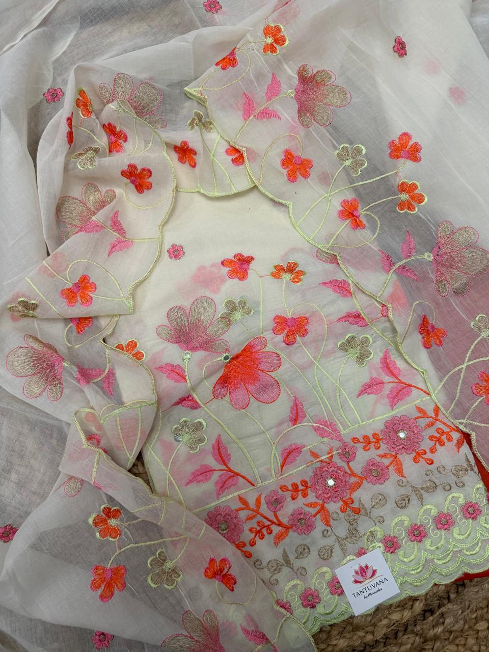 Cream Cotton Kameez Flat Lay – Orange & Pink Multicolour Floral Garden Embroidery with Scallop Dupatta Border & Orange Bottom
