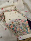 Cream Cotton Kameez Flat Lay – Multicolour Floral Garden Embroidery at Hem with Sequin Scallop Border & Purple Bottom