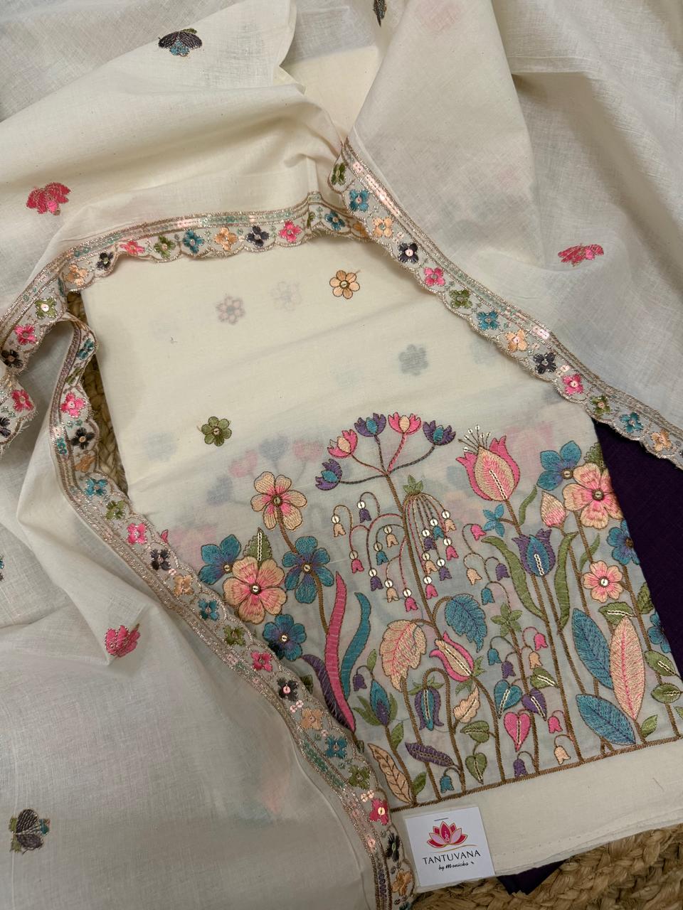 Cream Cotton Kameez Flat Lay – Multicolour Floral Garden Embroidery at Hem with Sequin Scallop Border & Purple Bottom