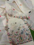 Cream Cotton Kameez Flat Lay – Teal Peacock & Floral Embroidery at Hem with Sequin Scallop Dupatta Border & Green Bottom