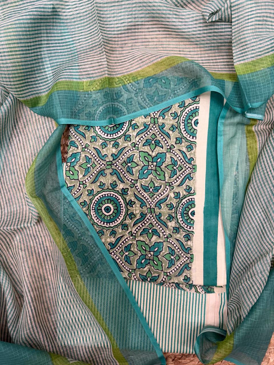 Green Cotton Printed Unstitched Suit Set Flat Lay – Teal Medallion Kameez with Stripe Bottom & Kota Doria Dupatta