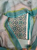 Green Cotton Printed Unstitched Suit Set Flat Lay – Teal Medallion Kameez with Stripe Bottom & Kota Doria Dupatta