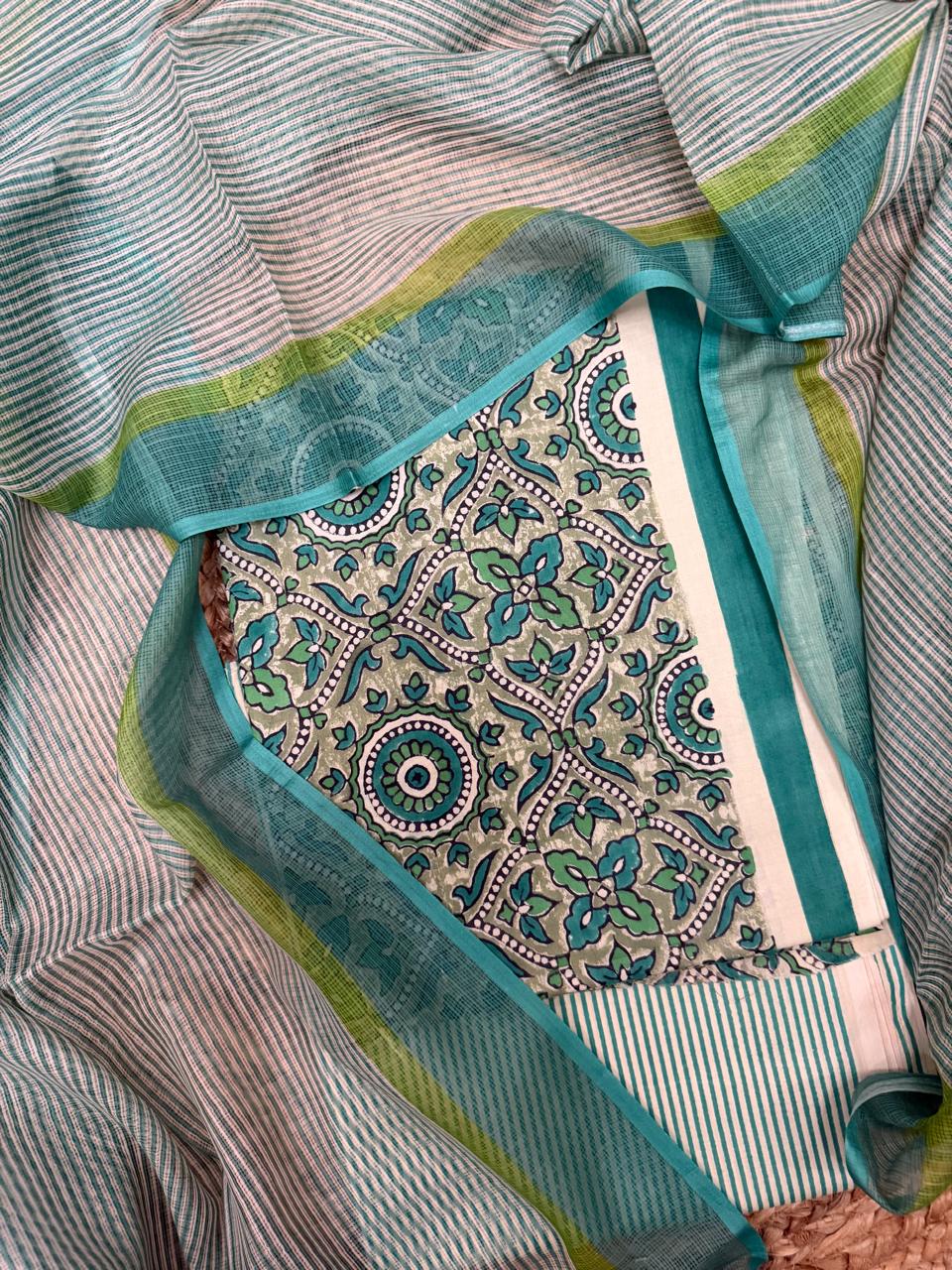 Green Cotton Printed Kameez Fabric Close-Up – Teal Medallion Block Print with Stripe Bottom & Kota Doria Dupatta