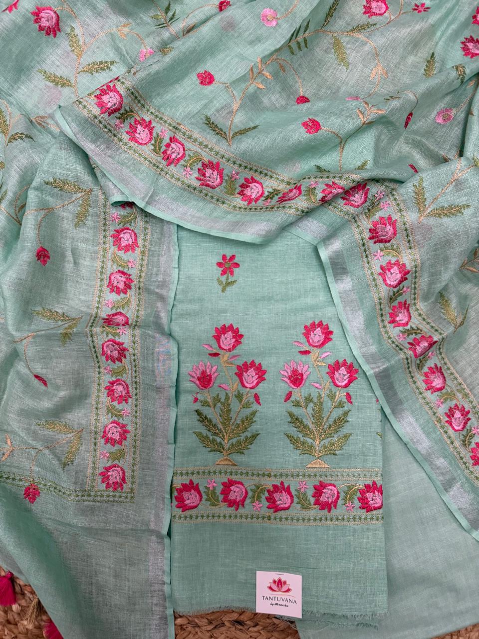 Aqua Green Linen Kameez Fabric Flat Lay – Twin Floral Embroidery Motif with Dupatta