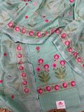 Aqua Green Linen Unstitched Suit Set Flat Lay – Multicolor Floral Machine Embroidery with Gold Border