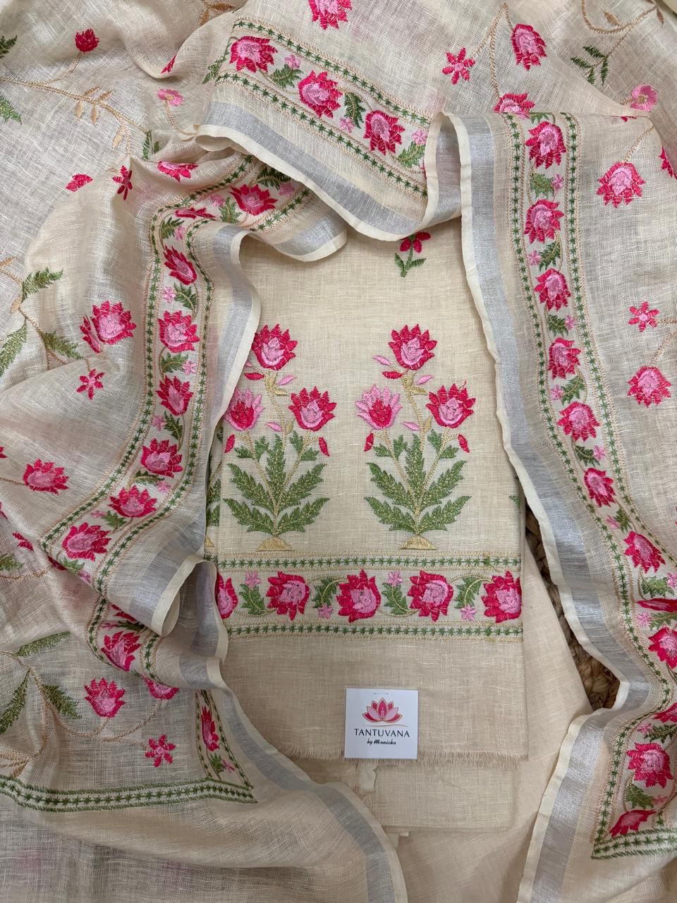Pale Yellow Linen 3-Piece Unstitched Suit Set Flat Lay – Twin Lotus Floral Embroidery with Dupatta