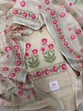 Pale Yellow Linen Unstitched Suit Set Flat Lay – Pink & Green Floral Machine Embroidery with Gold Border