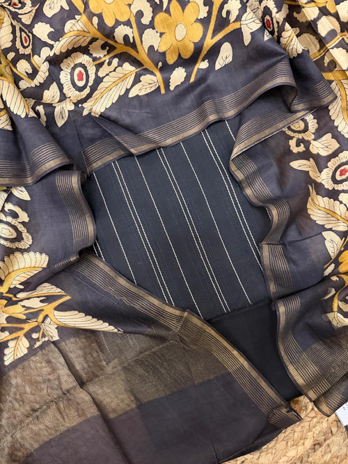 Black Chanderi Silk Unstitched Suit Set Flat Lay – Tagai Stripe Kameez with Kalamkari Dupatta & Zari Border