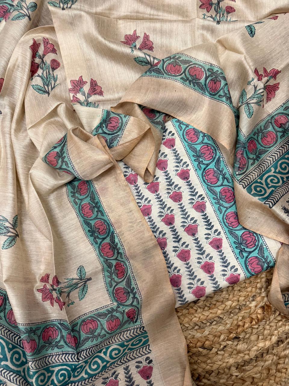 Beige Munga Silk Kameez Draped Flat Lay – Pink Floral & Teal Lotus Border Block Print with Beige Munga Silk Dupatta