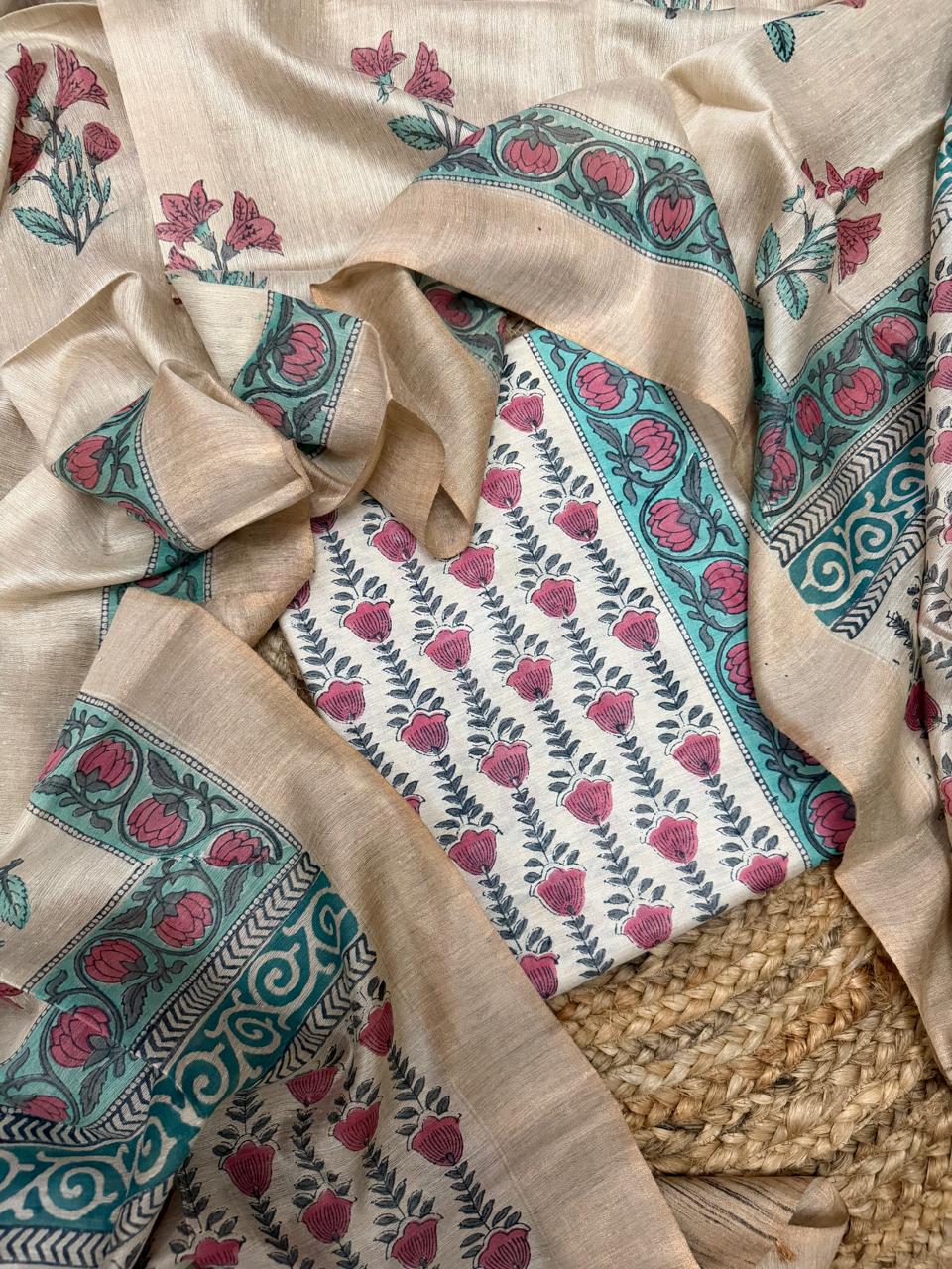 White Cotton Kameez Flat Lay – Pink Tulip Buta Block Print with Teal Lotus Border & Beige Munga Silk Dupatta Draped