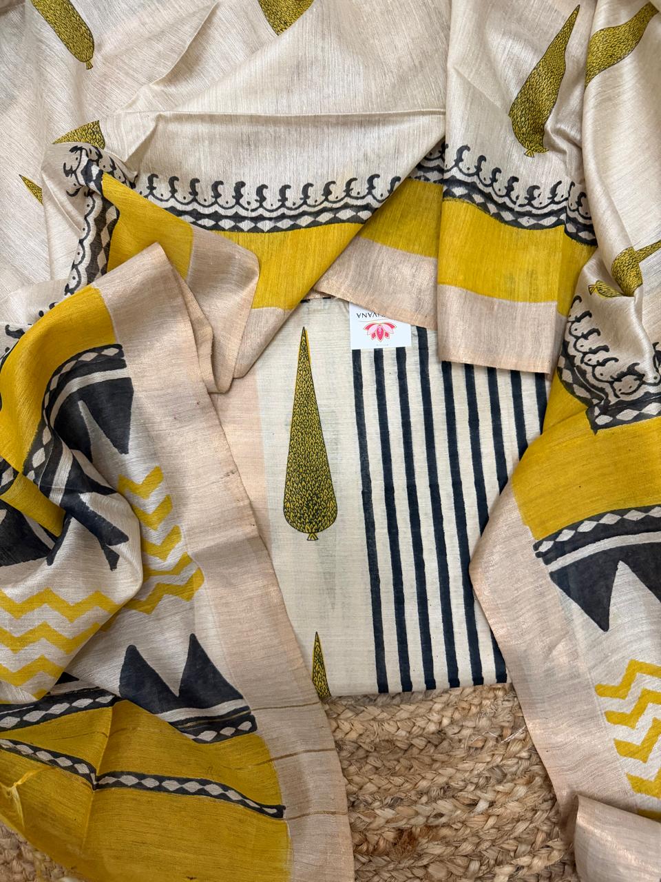 Beige Munga Silk Kameez & Black Stripe Bottom Flat Lay – Yellow Border with Cypress Buta Block Print Close-Up