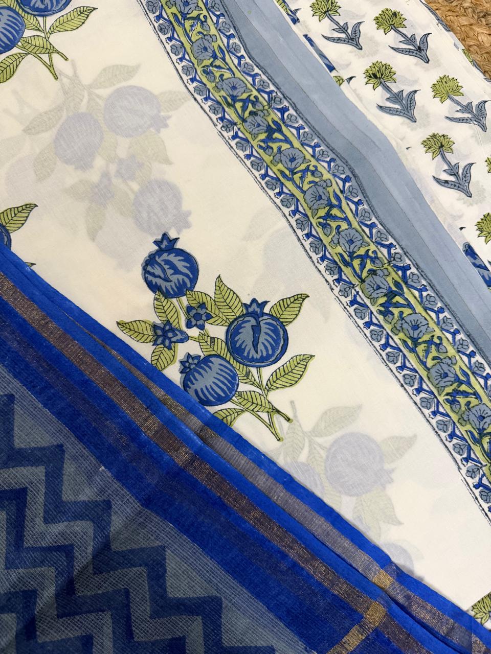 Block Print Cotton Suit Fabric Close-Up – White & Blue Unstitched 3-Piece Set