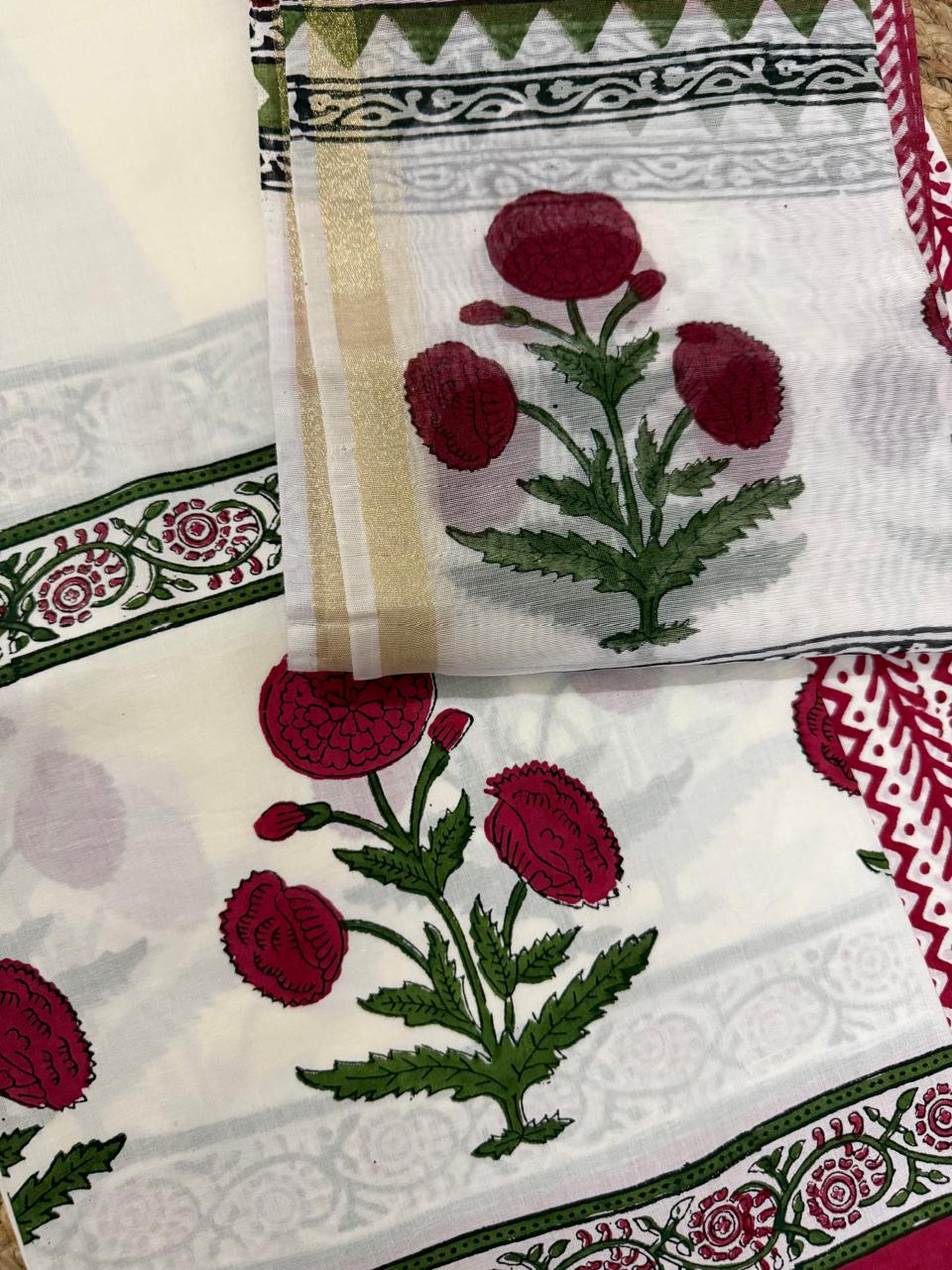 Close-up of white cotton placement block print kurta – large red poppy flower with green leaves and green floral vine border strip, alongside sheer Chanderi silk dupatta showing red poppy butti body and red floral border with gold zari 