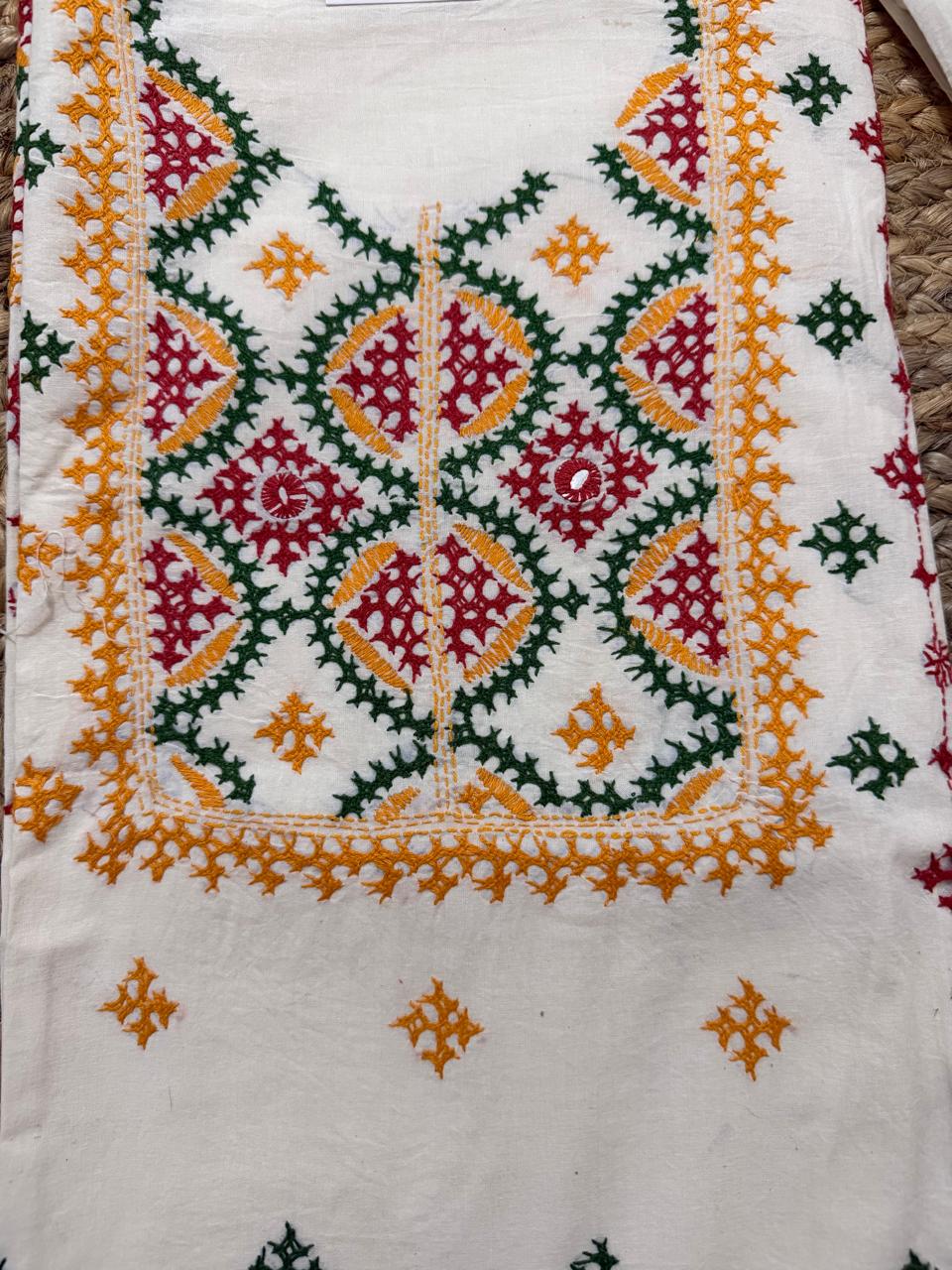 Cream multicolour Sindhi hand-embroidered unstitched suit set Close up