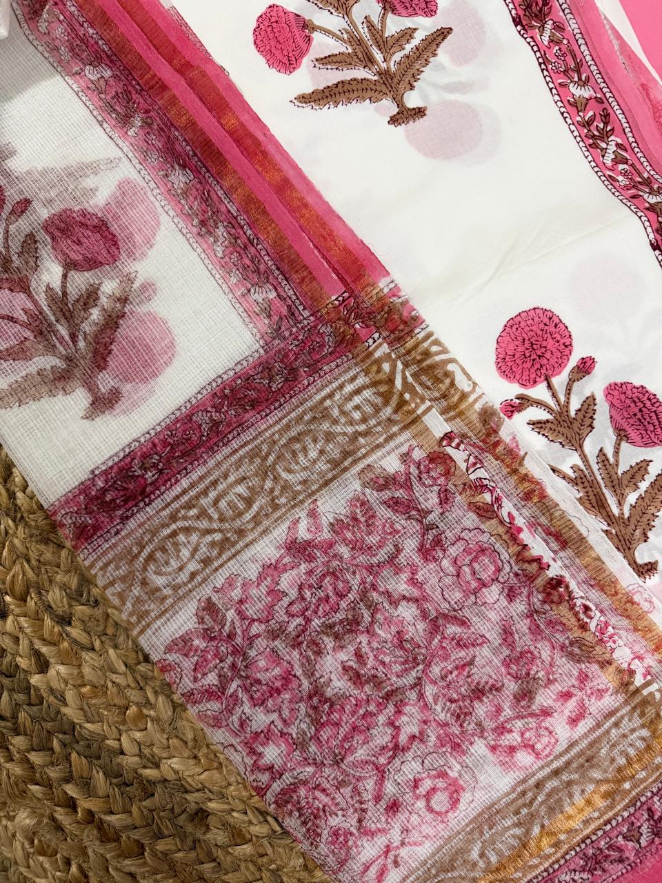 Pink & White Mughal Floral Block Print Kameez – Indian Handloom Cotton