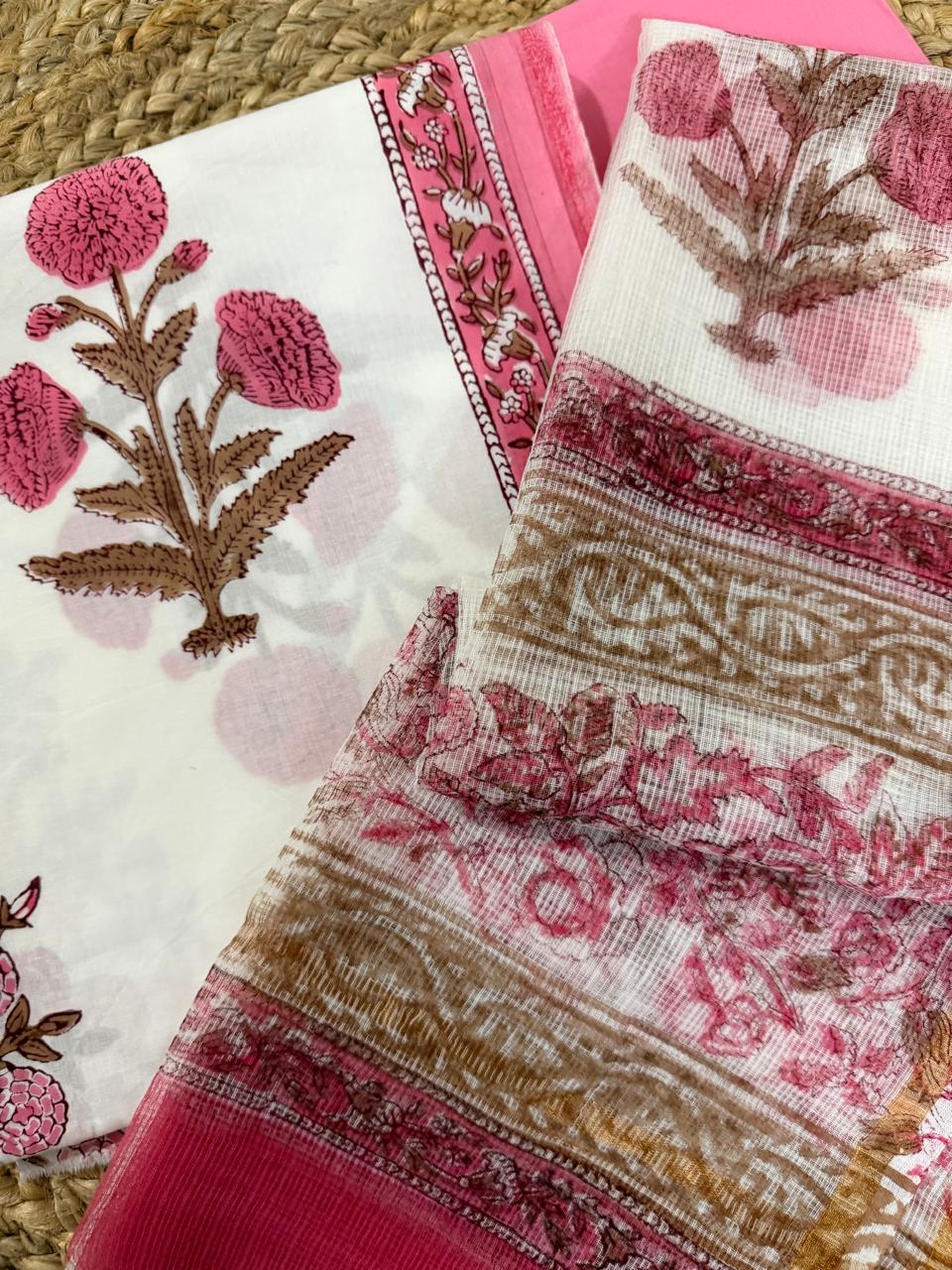 Hand Block Print Cotton Suit Material – Pink White Mughal Motifs