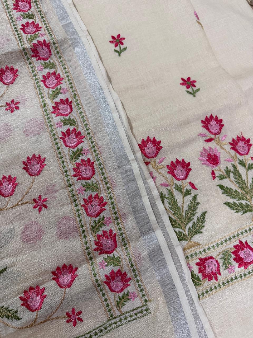 Pale Yellow Linen Dupatta & Bottom Fabric Close-Up – Pink Floral Embroidery with Scattered Motifs