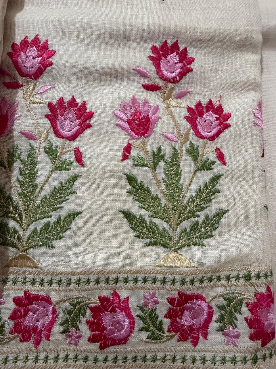 Pale Yellow Linen Kameez Fabric Close-Up – Pink & Magenta Lotus Floral Machine Embroidery