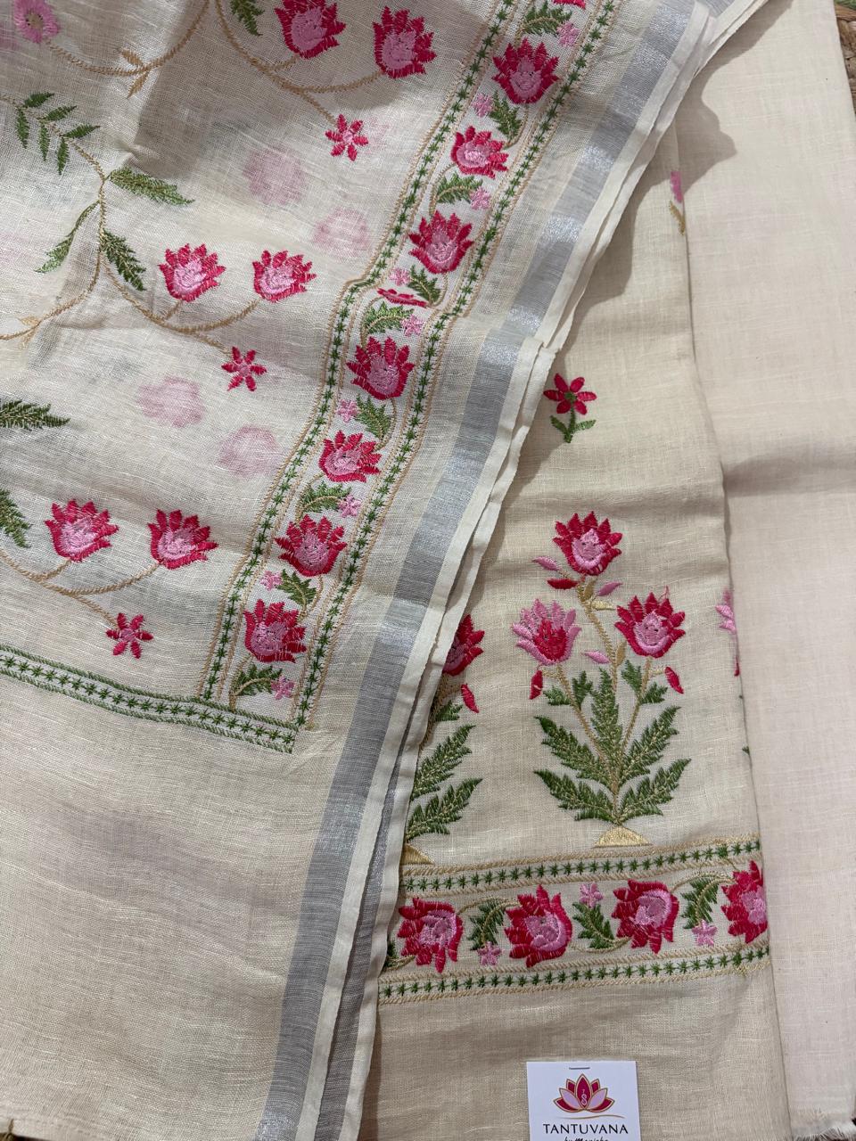 Pale Yellow Linen Suit Fabric Detail – Dupatta & Kameez with Pink Floral Embroidery and Silver Zari Border
