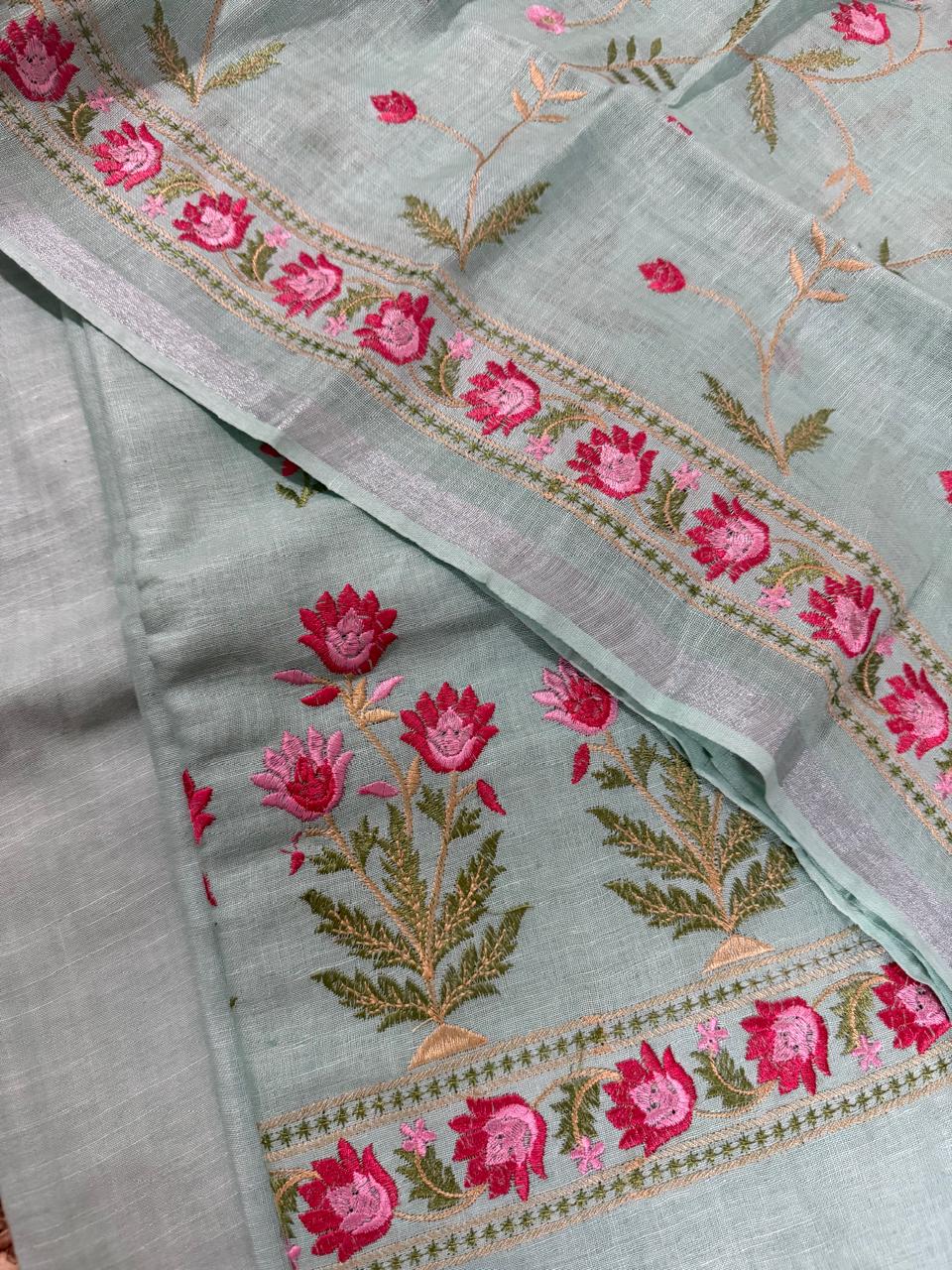 Floral Machine Embroidery Linen Suit Fabric Close-Up – Aqua Green Unstitched 3-Piece Set