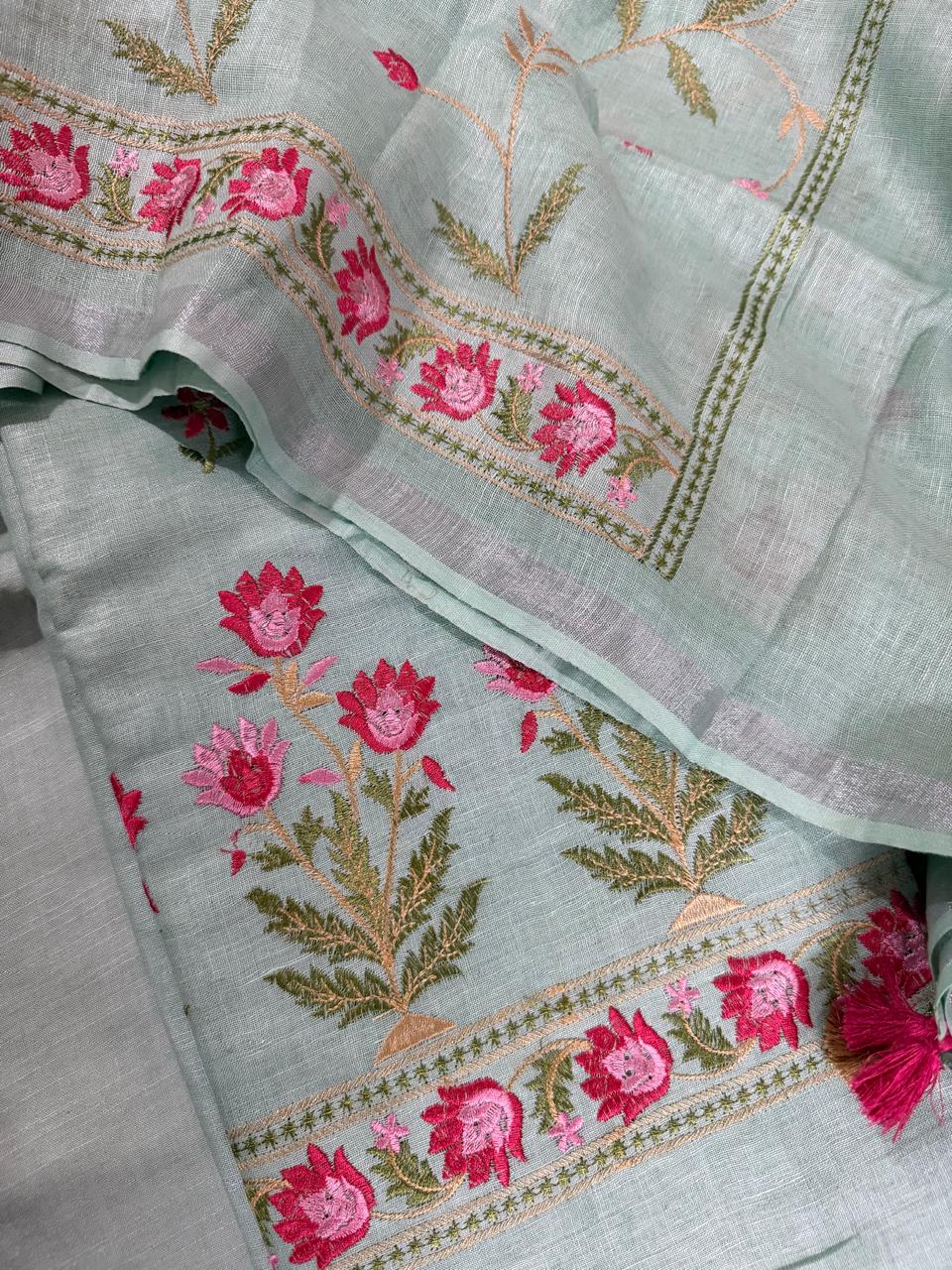 Aqua Green Linen Dupatta Close-Up – Pink Floral Embroidery, Gold Border & Tassel Detail