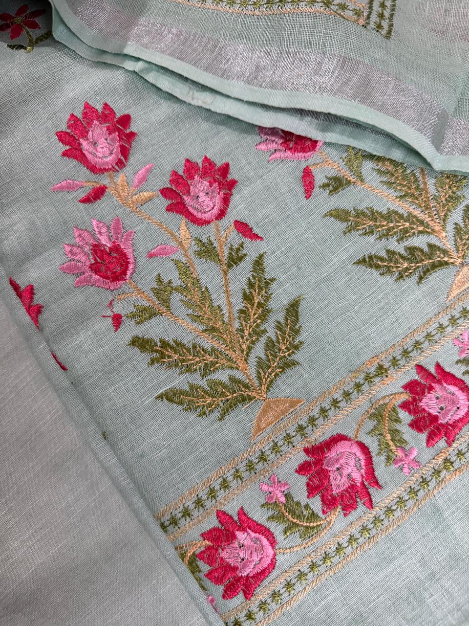 Aqua Green Linen Suit Fabric Detail – Pink & Gold Floral Machine Embroidery Close-Up