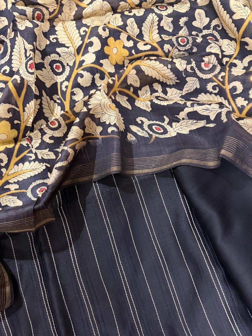 Black Kalamkari Chanderi Dupatta Close-Up – Cream & Gold Floral Print with Zari Border over Stripe Kameez
