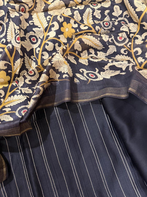 Black Kalamkari Chanderi Dupatta Close-Up – Cream & Gold Floral Print with Zari Border over Stripe Kameez