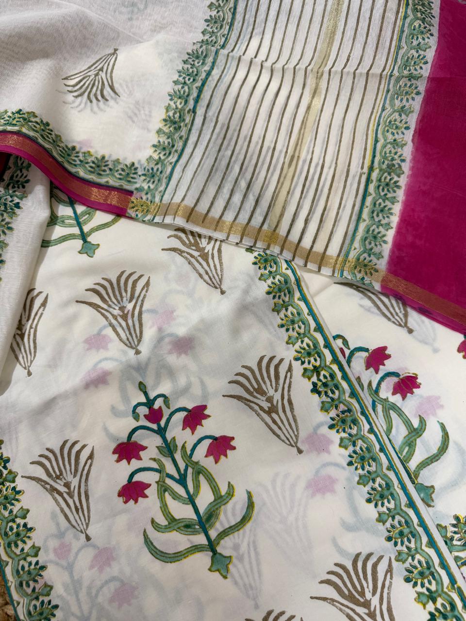 Cream Cotton Kameez & Printed Bottom Close-Up – Pink, gold and green Floral Block Print & Pink Zari Chanderi Silk Dupatta