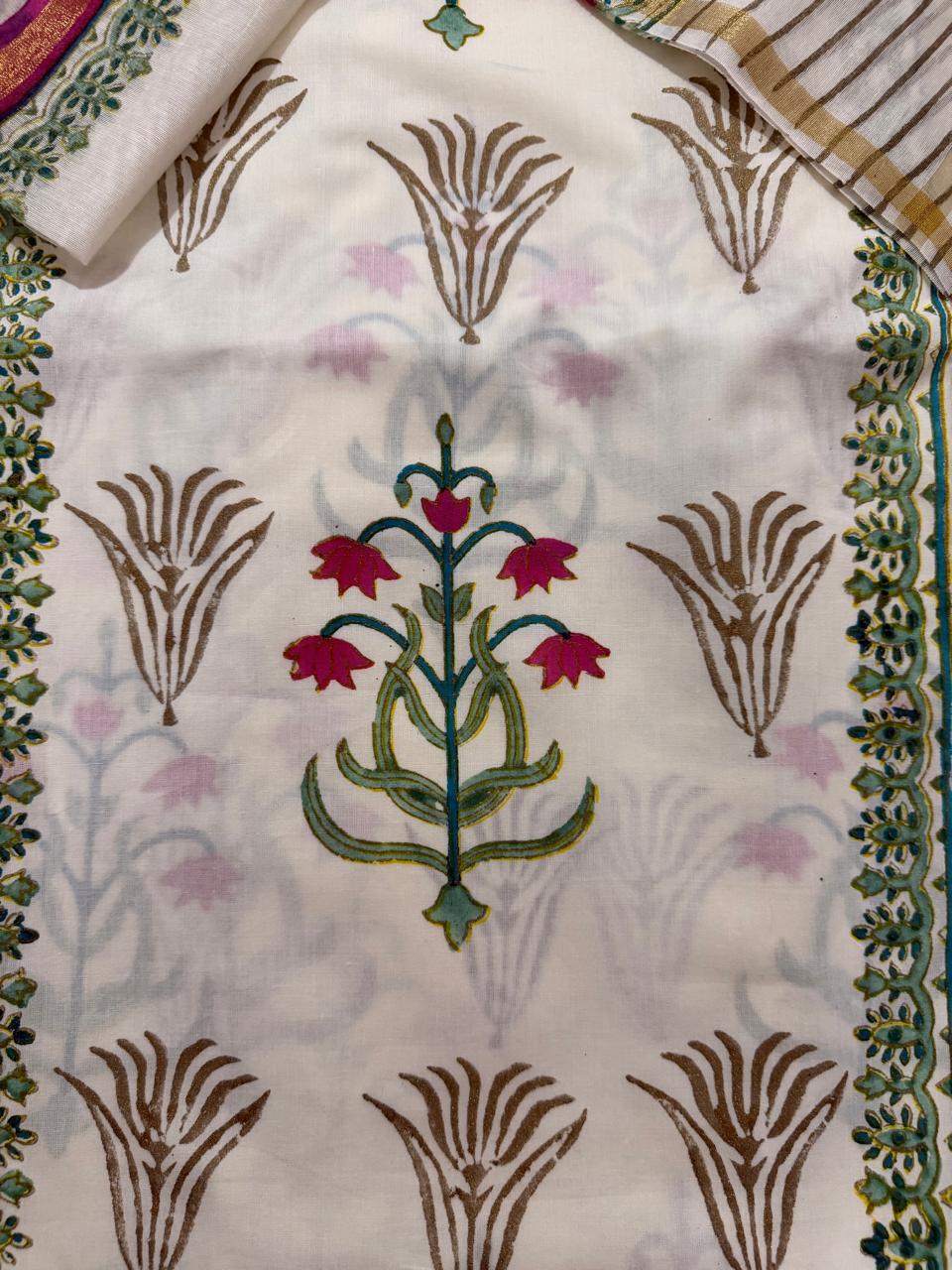 Cotton Kameez Fabric Close-Up – Pink Tulip Floral Placement Block Print with Teal Stem & Green Scallop Border print