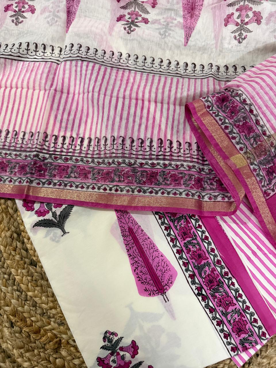 Pink Floral Block Print Cotton Suit Fabric Detail – Stripe Bottom & Chanderi Silk Dupatta Border with Gold Zari Close-Up