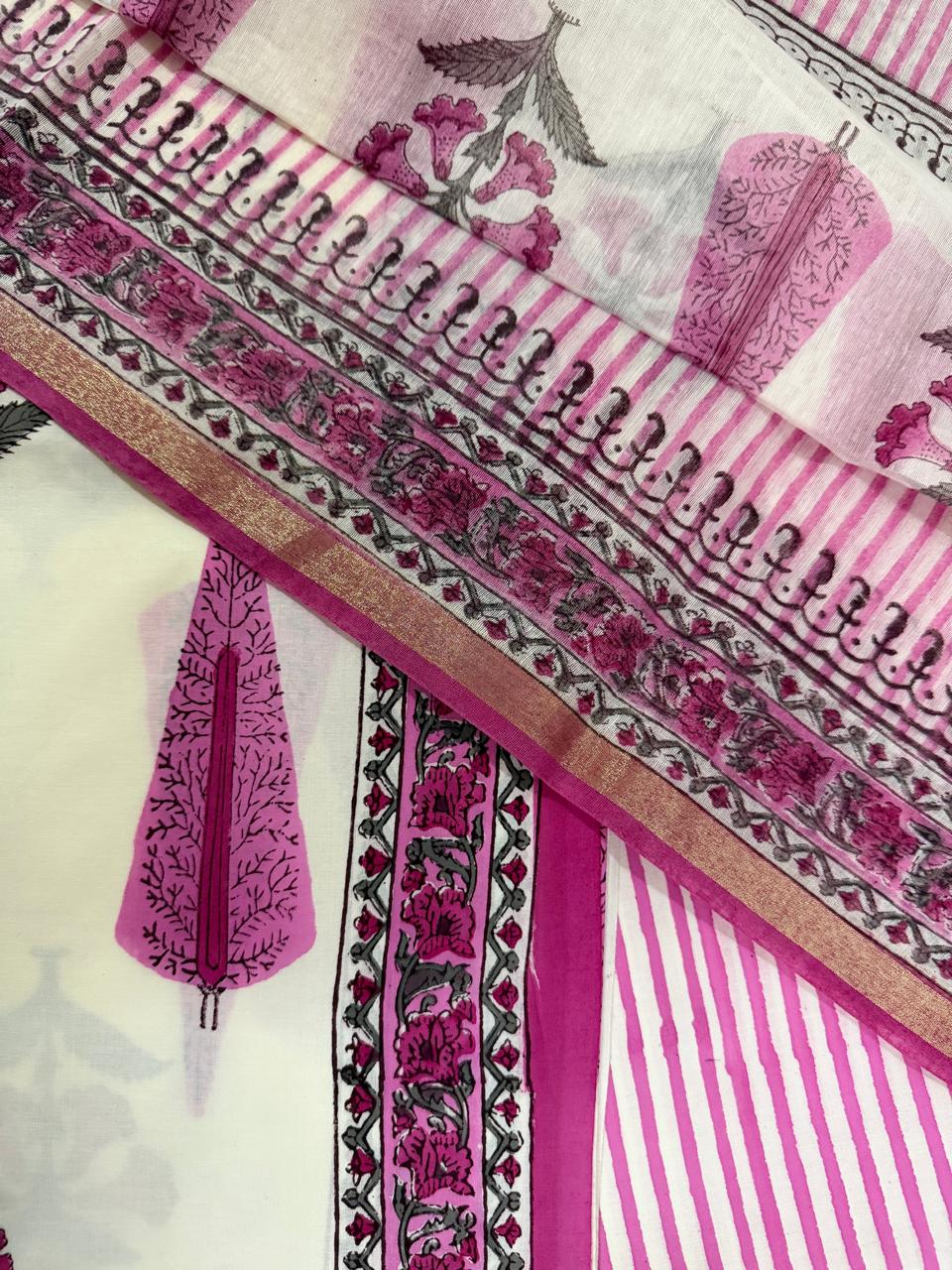 Cream & Pink Block Print Cotton Suit Border Detail – Pink Floral Stripe & Chanderi Silk Dupatta Gold Zari Border Close-Up