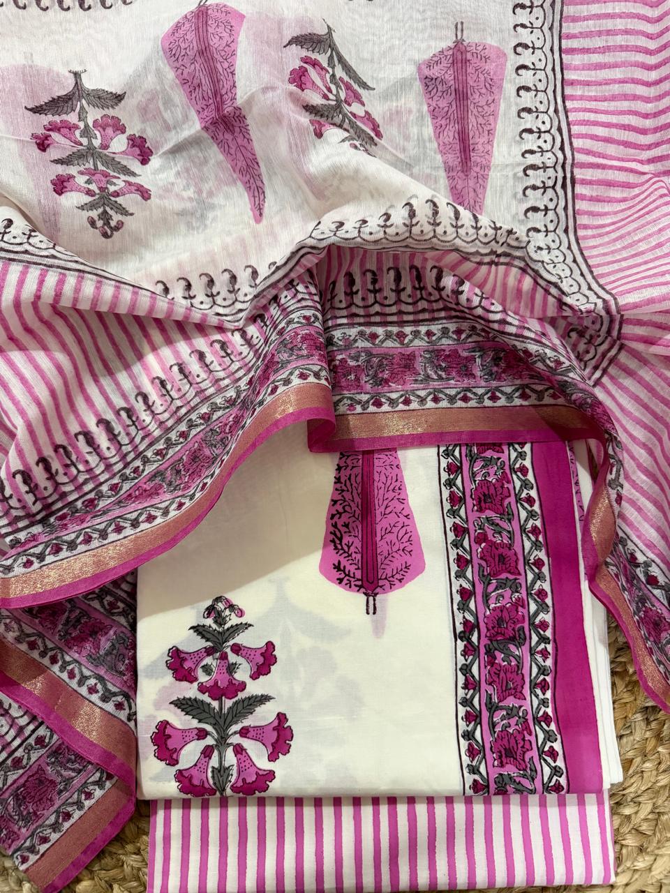Cream Cotton Kameez with Pink Floral Block Print & Stripe Bottom – Chanderi Silk Dupatta Flat Lay Close-Up