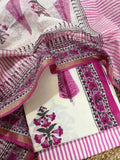 Cream & Pink Floral Block Print Cotton Unstitched Suit Set Flat Lay – Pink Stripe Bottom & Chanderi Silk Dupatta with Gold Zari Border