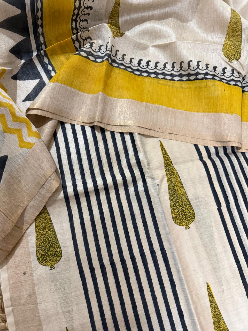 Beige Munga Silk Kameez Border & Black Stripe Bottom Fabric Detail – Yellow Band with Cypress Buta Block Print	