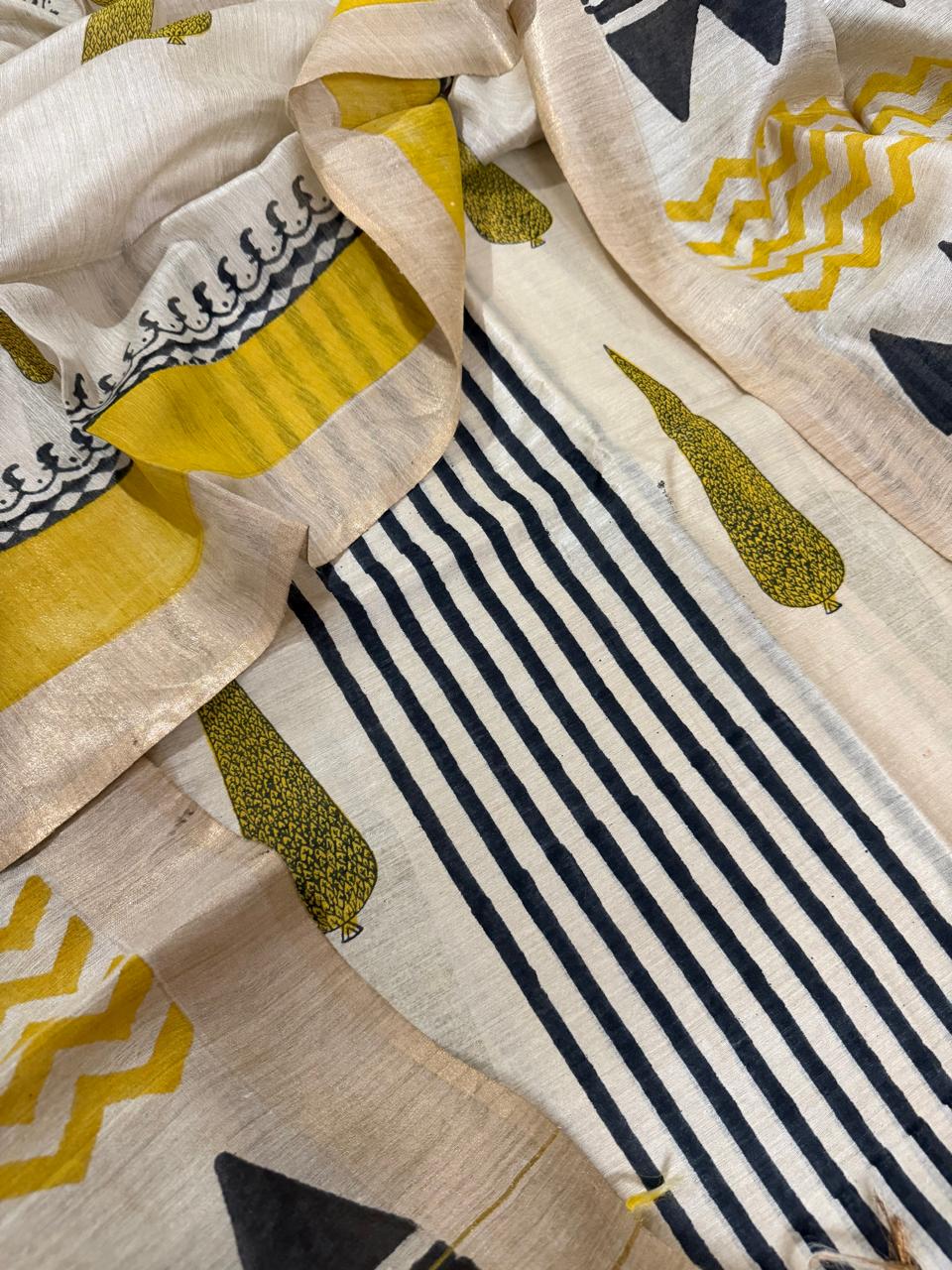Black Stripe Munga Silk Bottom & Beige Kameez Close-Up – Cypress Buta Block Print with Yellow Chevron Border Detail