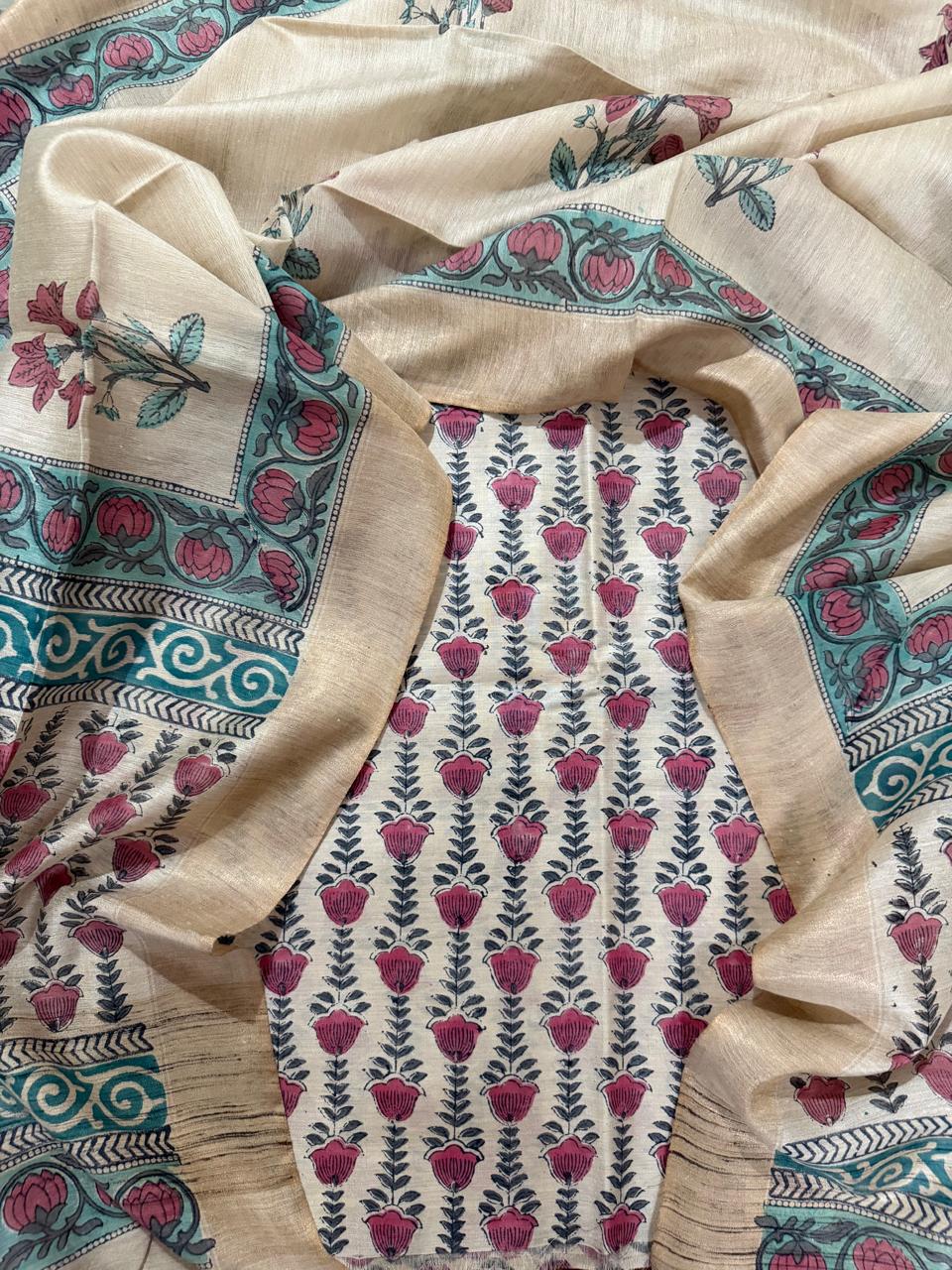 Beige Munga Silk Kameez & White Cotton Kameez Flat Lay – Pink Tulip Buta Block Print with Teal Lotus Border Detail