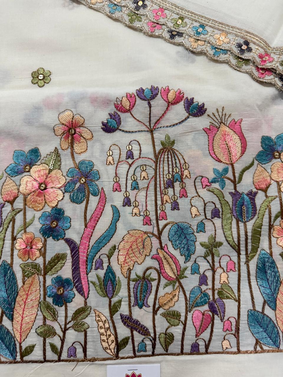 Cream Cotton Kameez Hem Close-Up – Multicolour Floral Garden Embroidery with Tulip, Bluebell & Sequin Flower Motifs