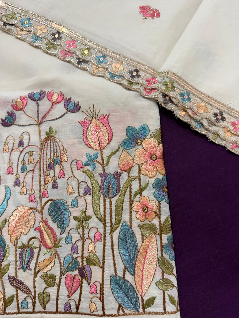 Embroidered Cotton Suit Set | Cream & Purple | 3 -Piece Unstitched Suit Set