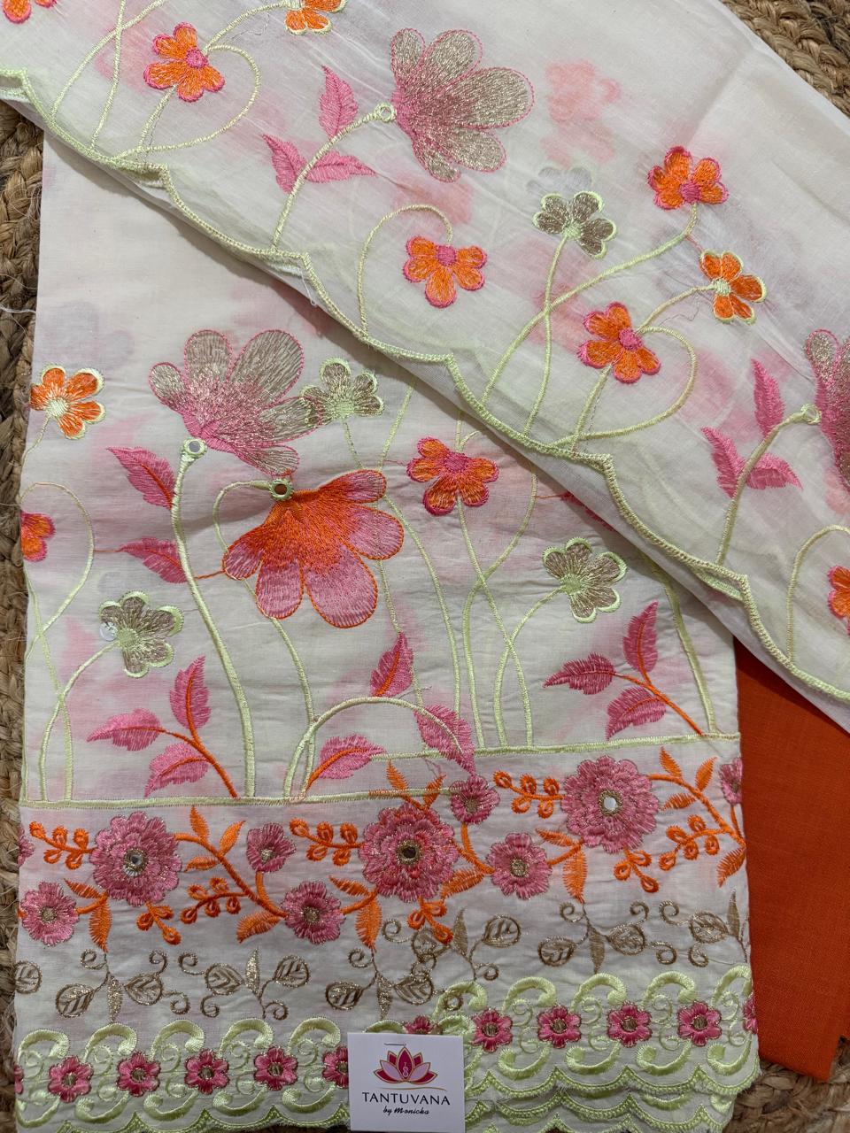 Cream Cotton Kameez Embroidery Detail – Orange & Pink Floral Garden with Mirror Work, Sequin Flowers & Scallop Zari Border