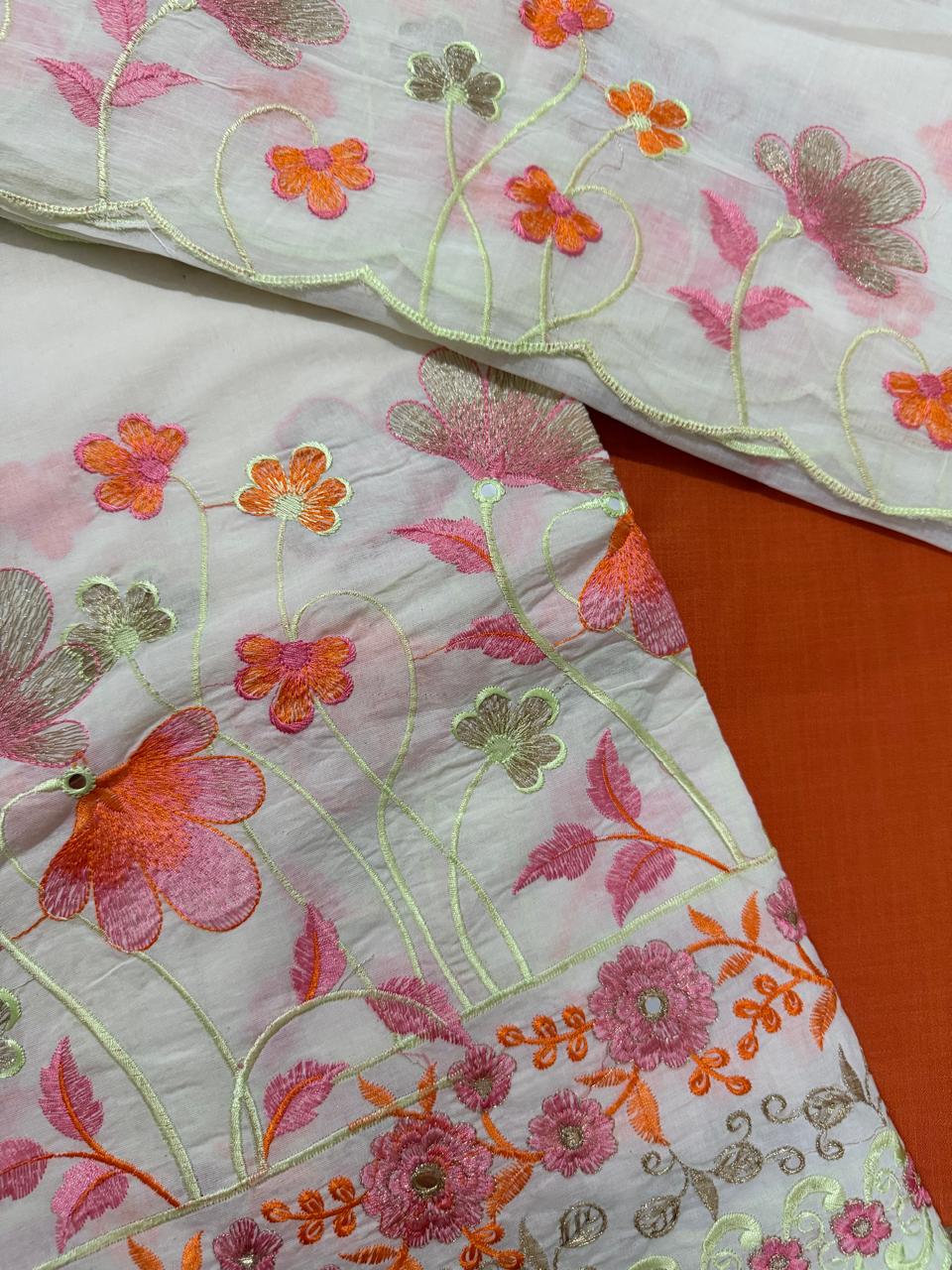 Cream Cotton Kameez & Dupatta Fabric Detail – Orange & Pink Multicolour Floral Garden Embroidery with Scallop Zari Border Close-Up